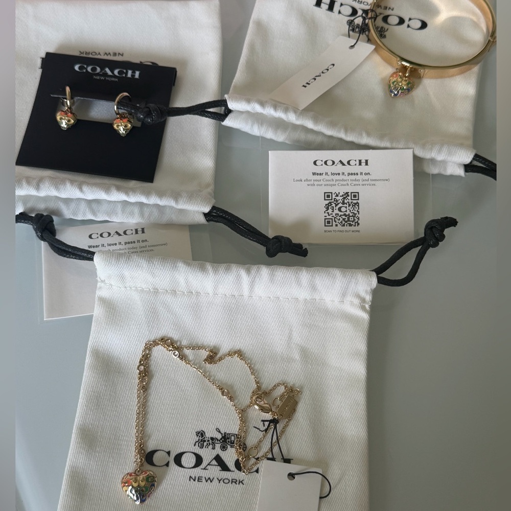 Coach Gold rainbow heart Necklace earrings and Bracelet jewelry Set